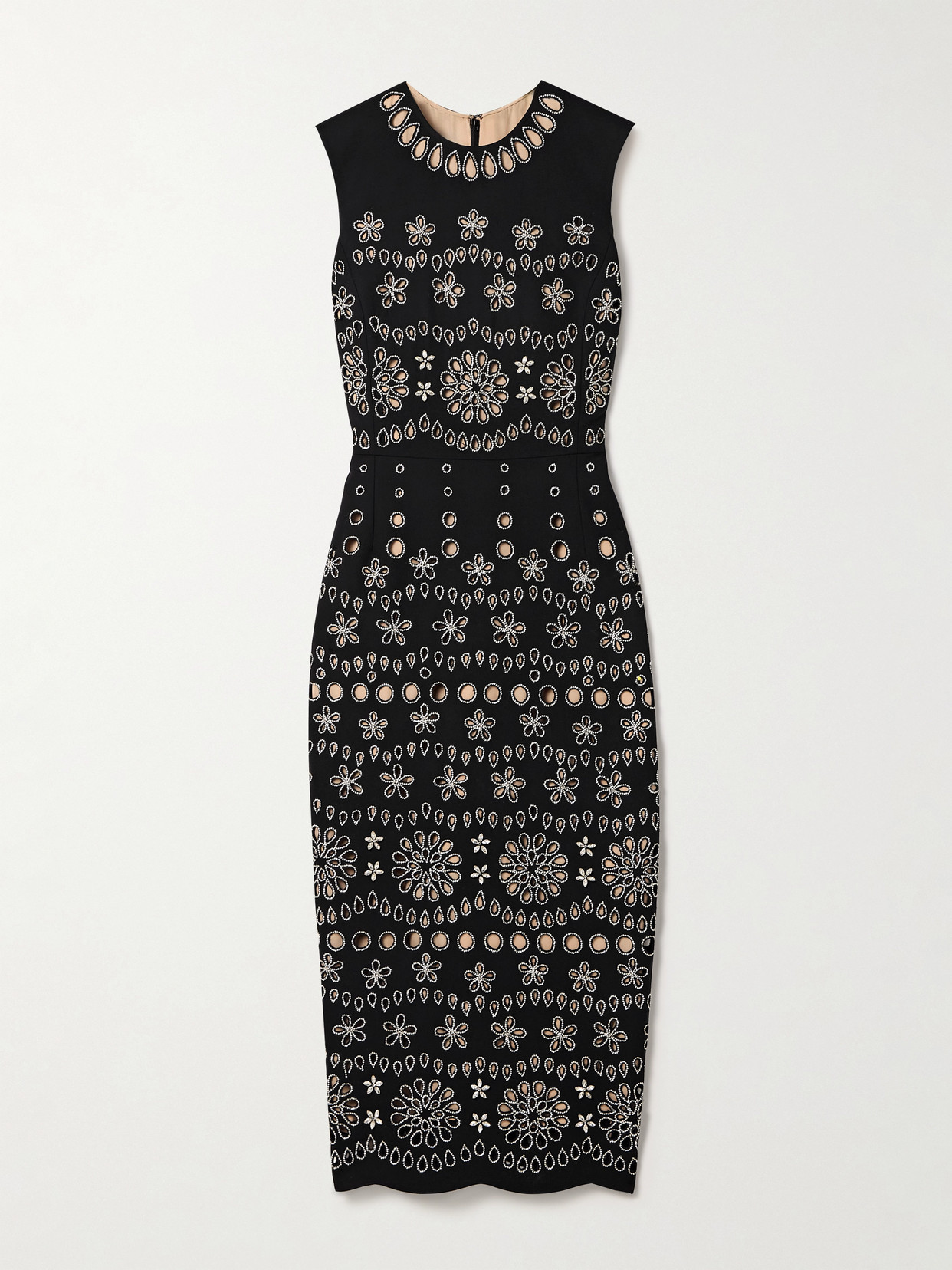 Shop Oscar De La Renta Crystal-embellished Broderie Anglaise Wool-blend Crepe Midi Dress In Black