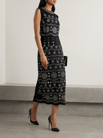 Oscar de la Renta Crystal-embellished broderie anglaise wool-blend crepe midi dress