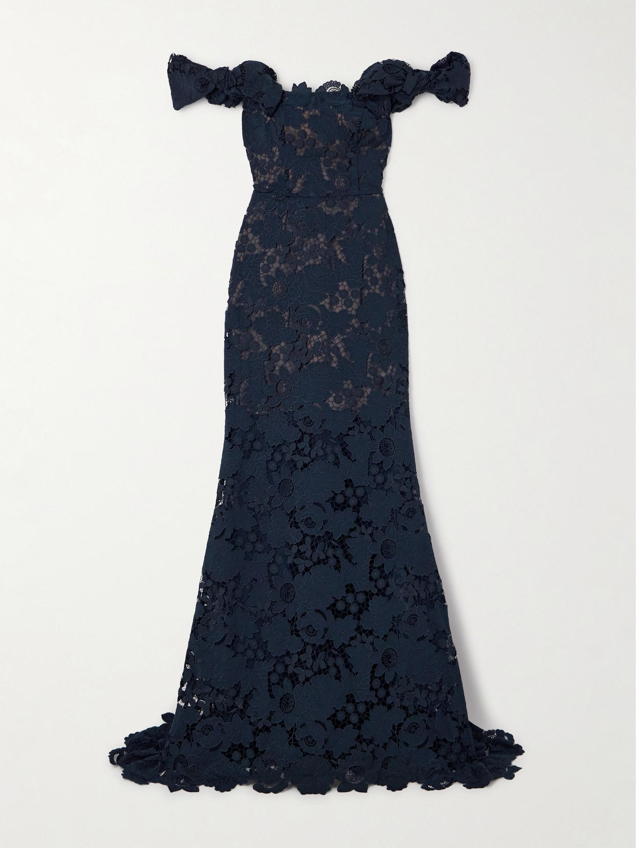 Shop Oscar De La Renta Off-the-shoulder Guipure Lace Gown In Blue