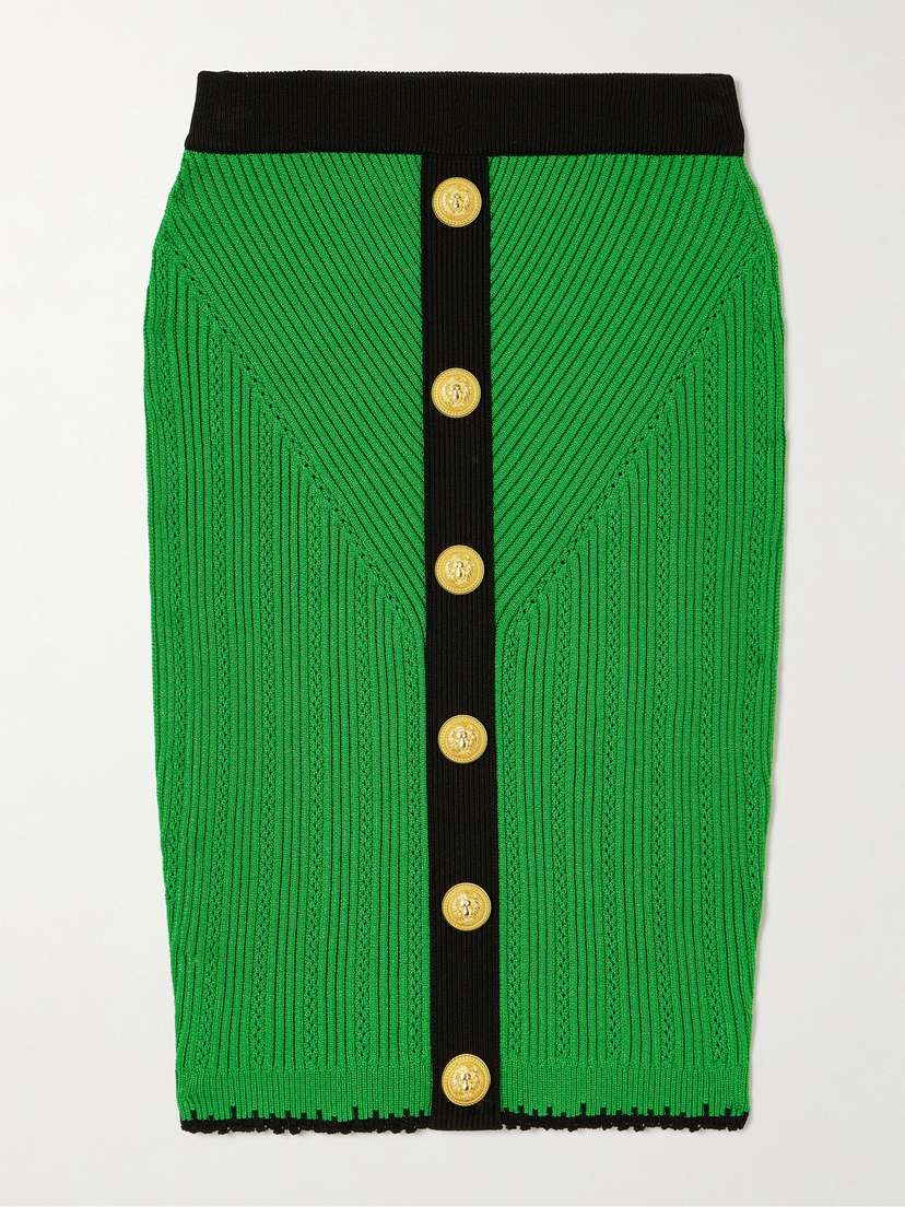 Balmain Button-embellished Ribbed Pointelle-knit Mini Skirt