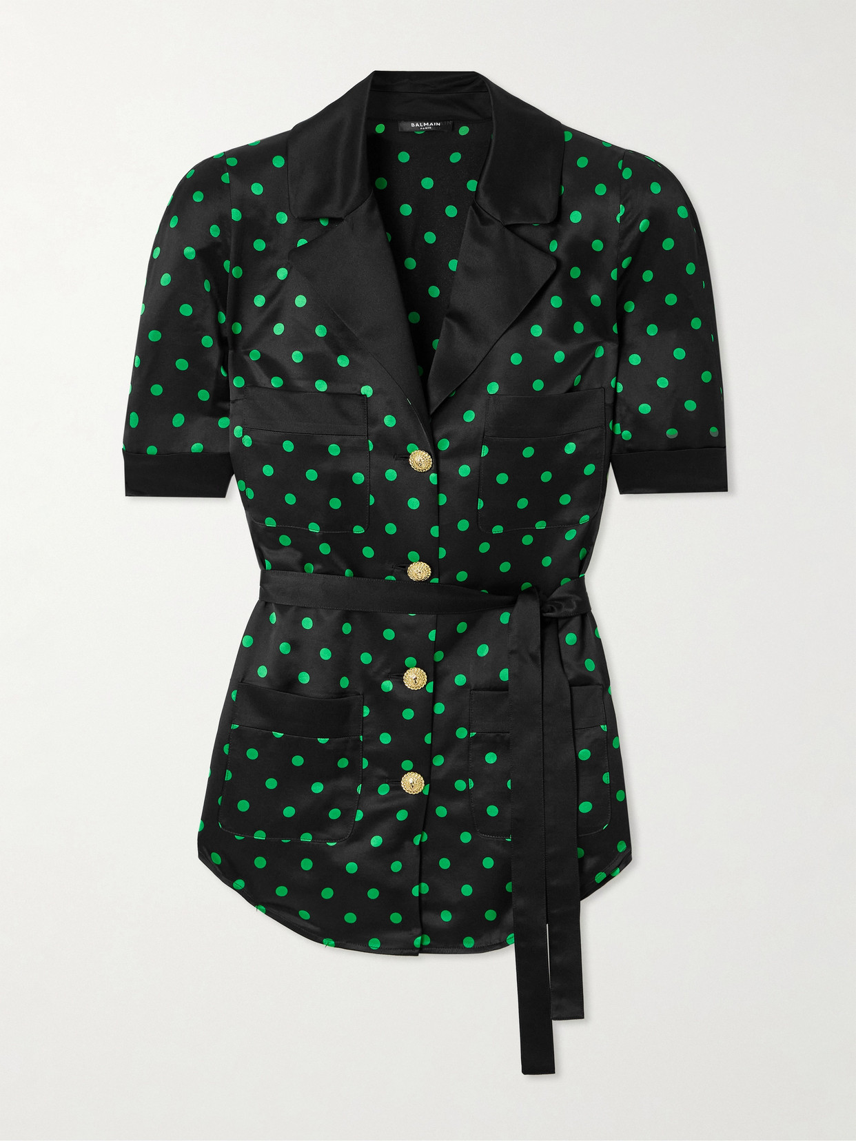 Balmain Belted Polka-dot Satin Shirt In Black