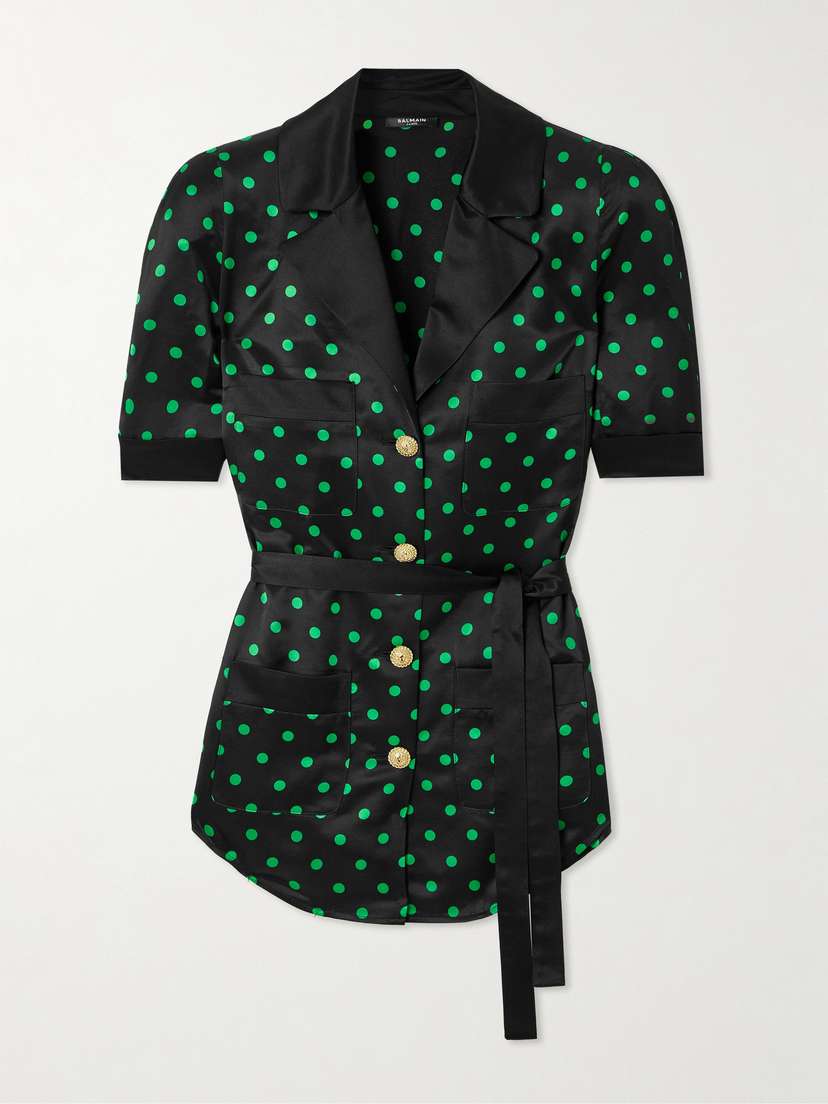 Balmain Belted Polka-dot Satin Shirt