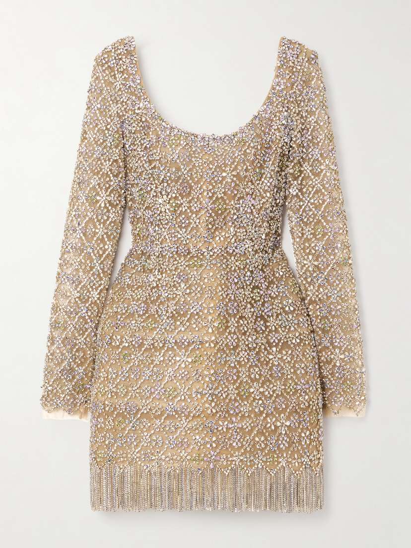 Oscar de la Renta Off-the-shoulder Fringed Crystal-embellished Tulle Mini Dress