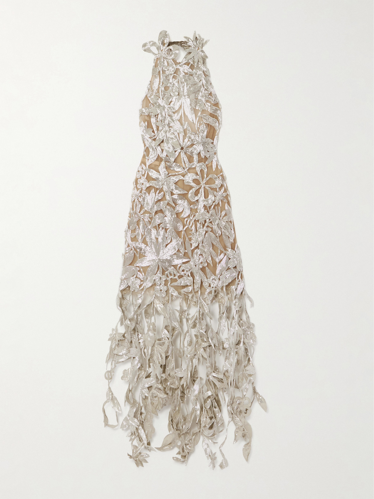 Oscar De La Renta Paper Cut Flower Fringed Embellished Silk-tulle Halterneck Gown In Silver