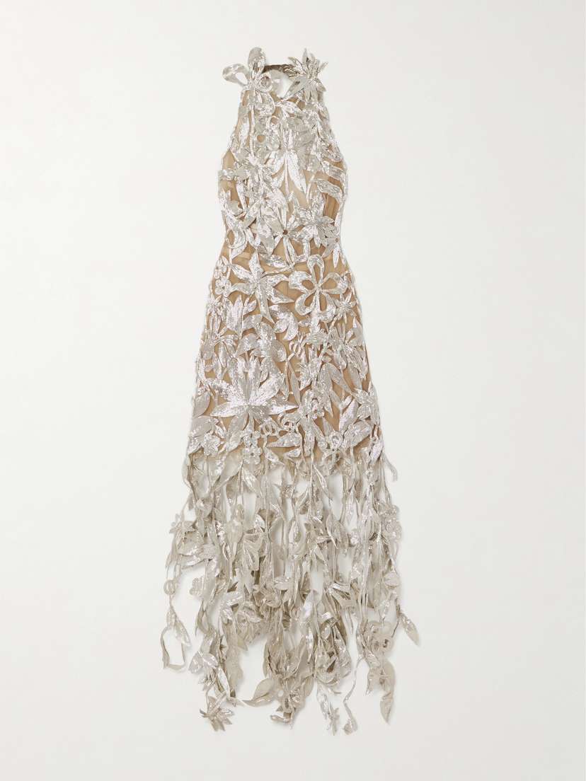 Oscar de la Renta Paper Cut Flower Fringed Embellished Silk-tulle Halterneck Gown