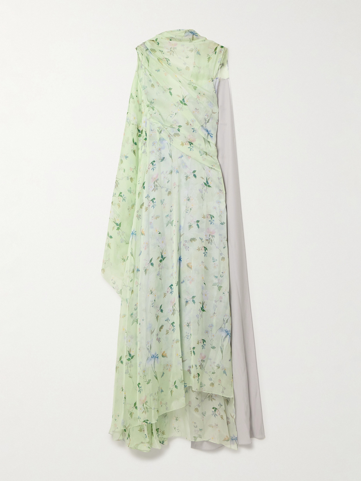 Givenchy Lavaliere Cape-effect Satin-trimmed Draped Floral-print Silk-chiffon Gown In Blue