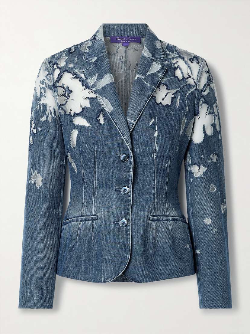 Ralph Lauren Collection Holt Tulle-trimmed Embellished Cutout Denim Blazer