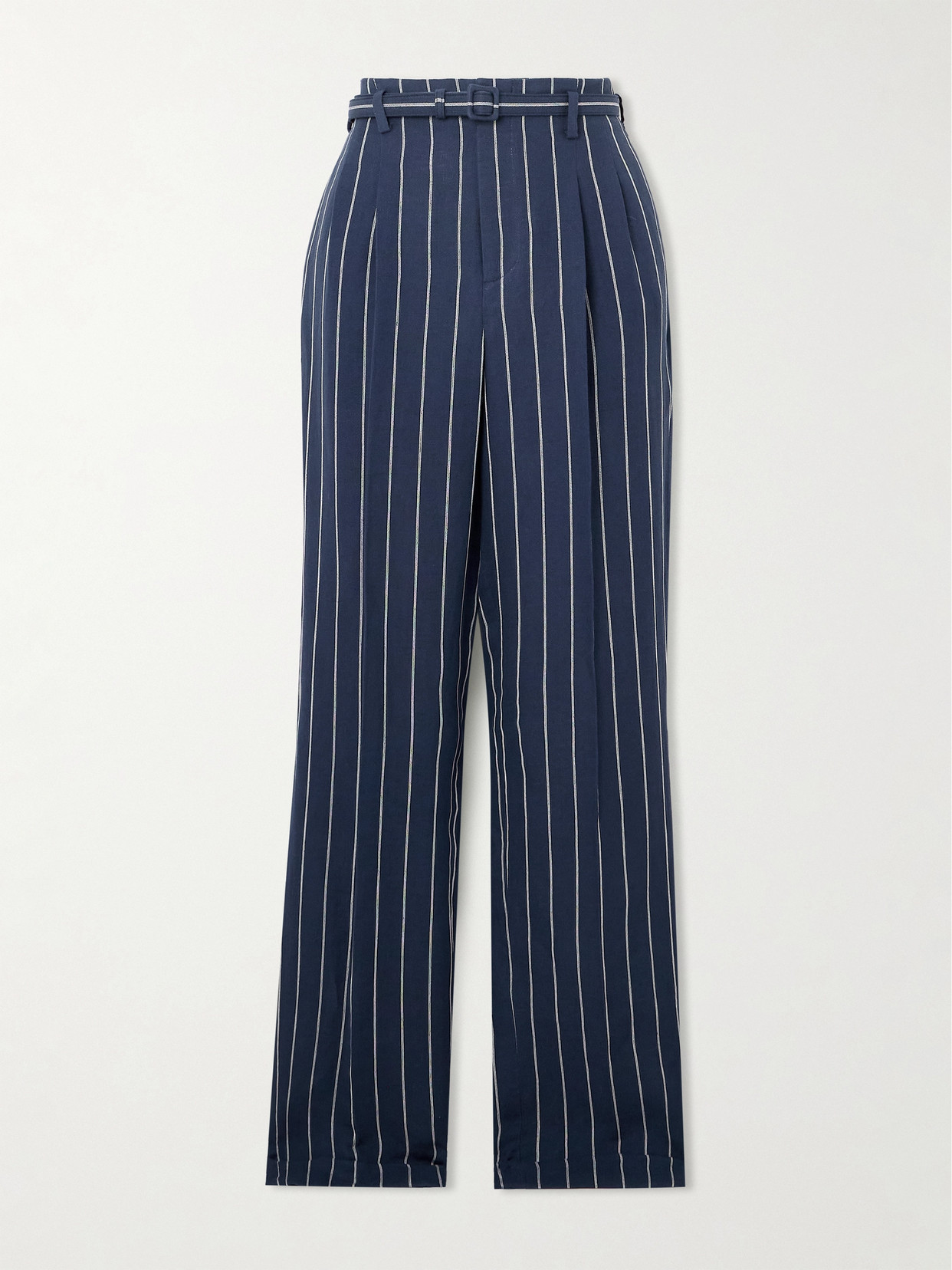 Ralph Lauren Stamford Belted Pleated Pinstriped Linen And Cotton-blend Straight-leg Pants In Blue