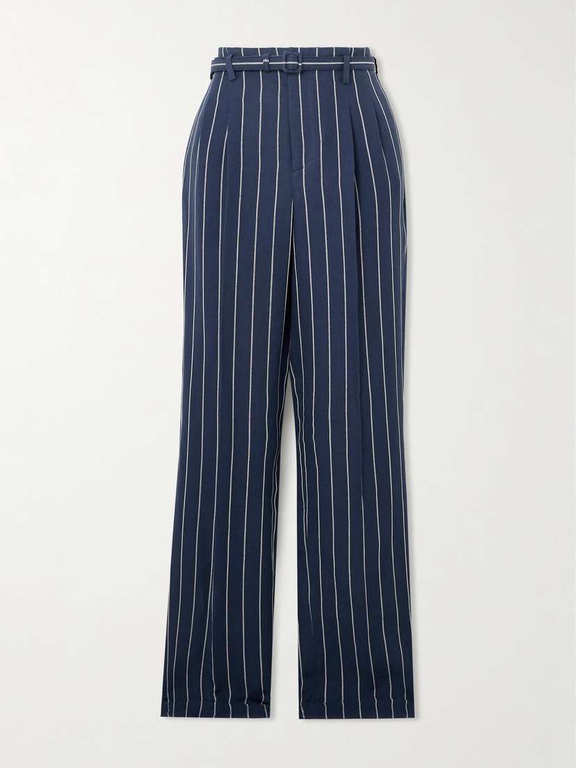 Ralph Lauren Collection Stamford Belted Pleated Pinstriped Linen And Cotton-blend Straight-leg Pants