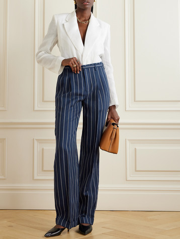 Ralph Lauren Collection Stamford belted pleated pinstriped linen and cotton-blend straight-leg pants