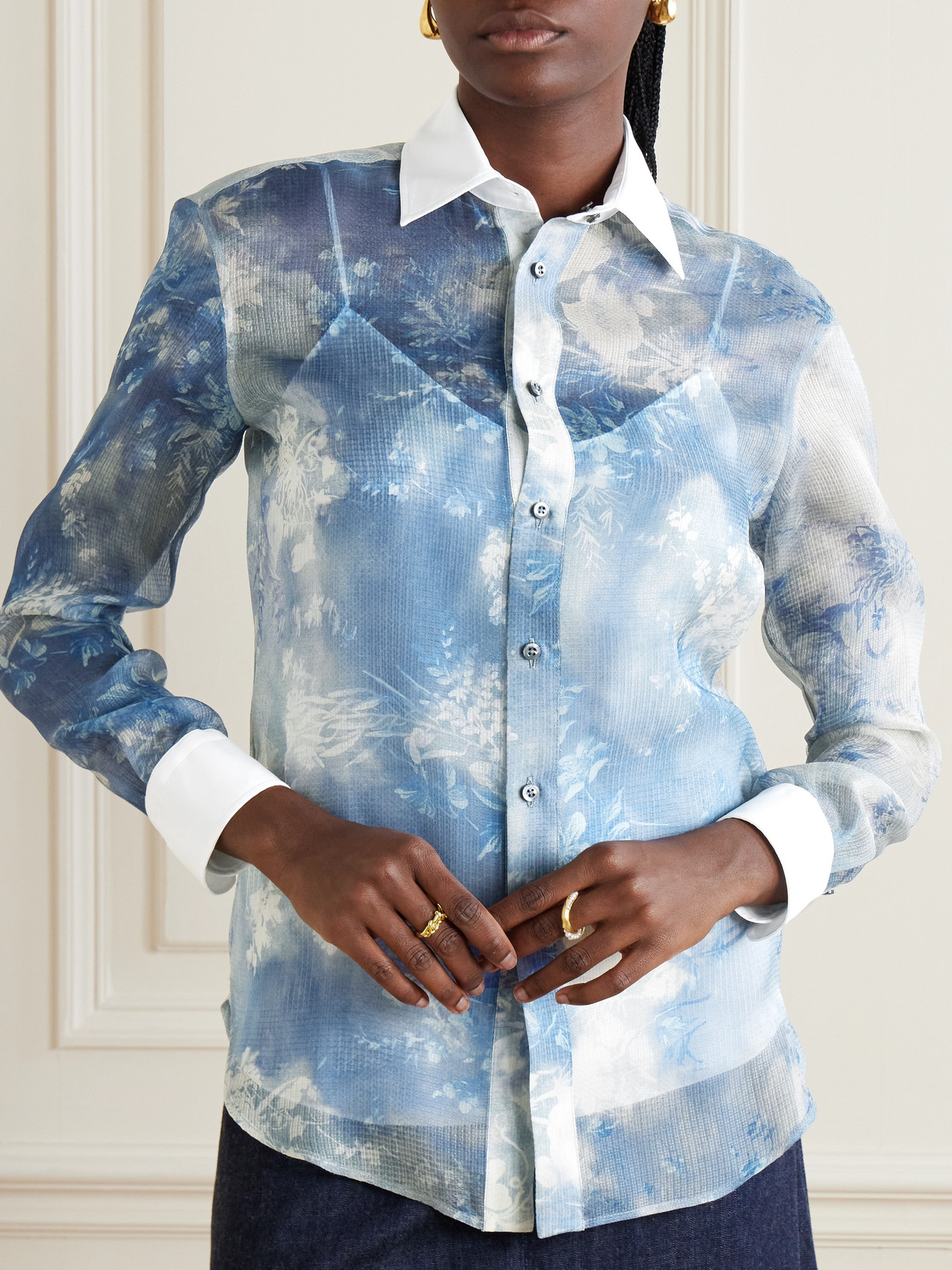 Collection - Nancie Cotton Poplin-Trimmed Floral-Print Silk-Gauze Shirt