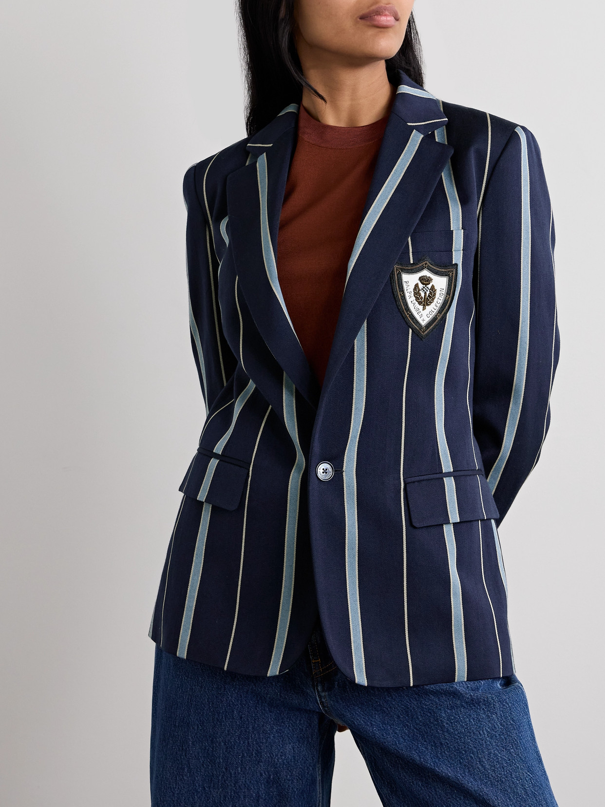 Shop Ralph Lauren Elliot Logo-appliquéd Striped Wool And Cotton-blend Twill Blazer In Blue