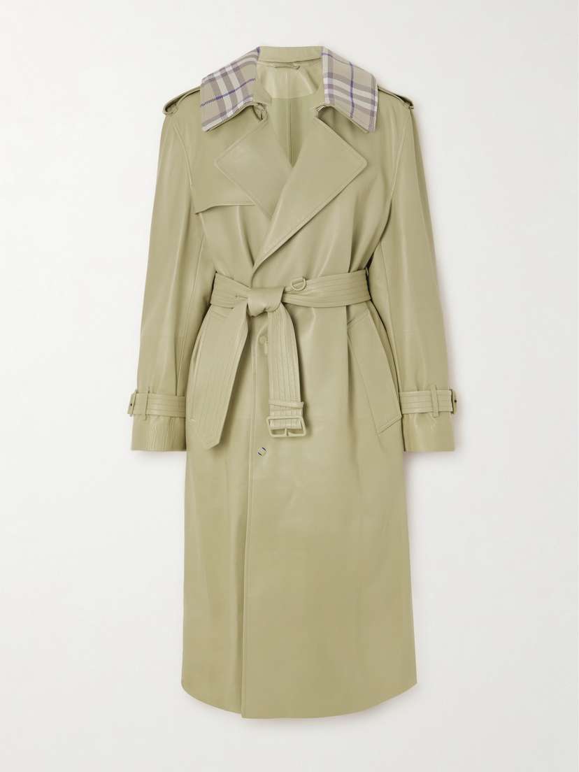 Burberry Belted Checked Jacquard-trimmed Leather Trench Coat