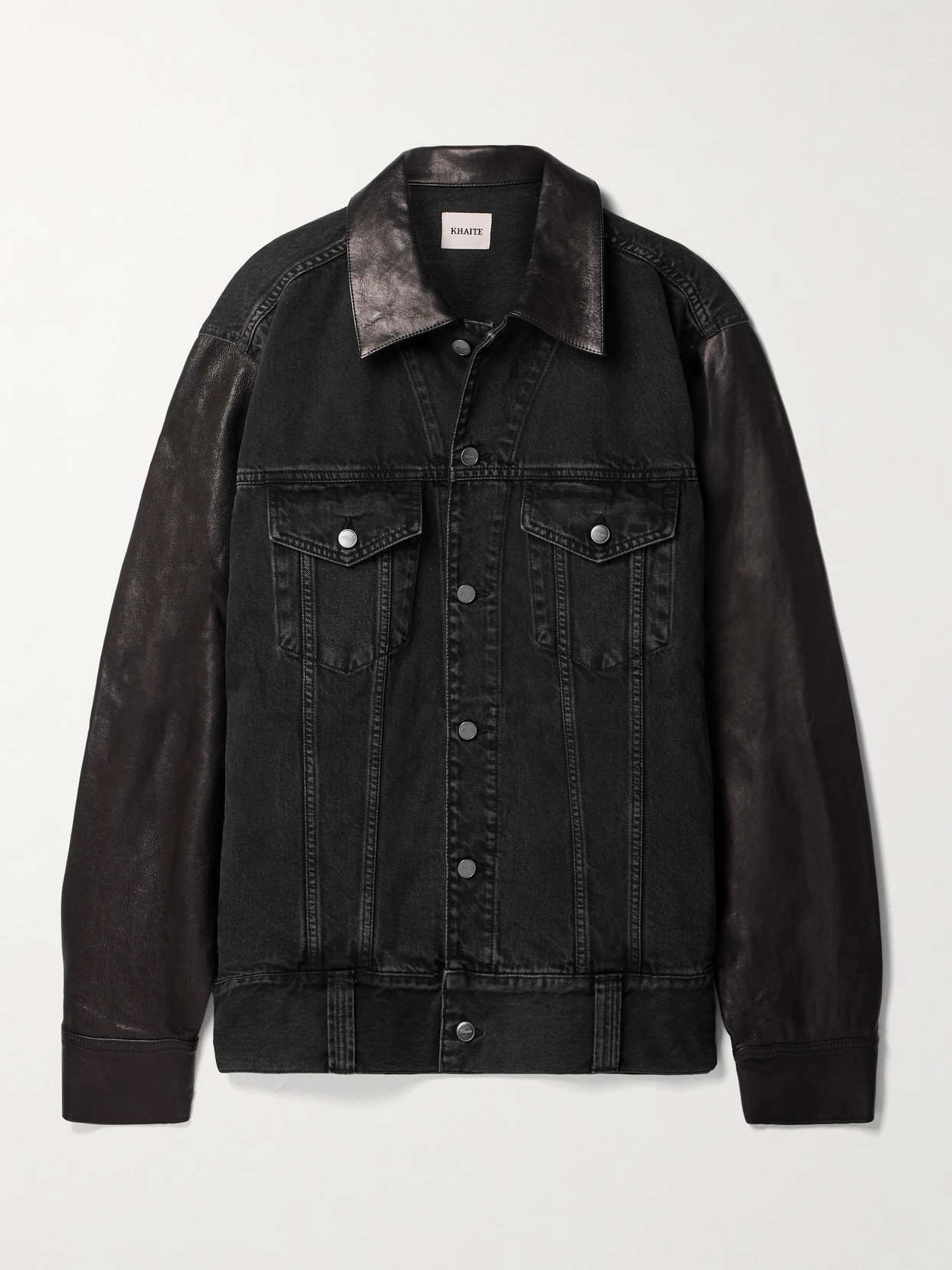 Khaite Grizzo Oversized Leather-trimmed Denim Jacket In Black