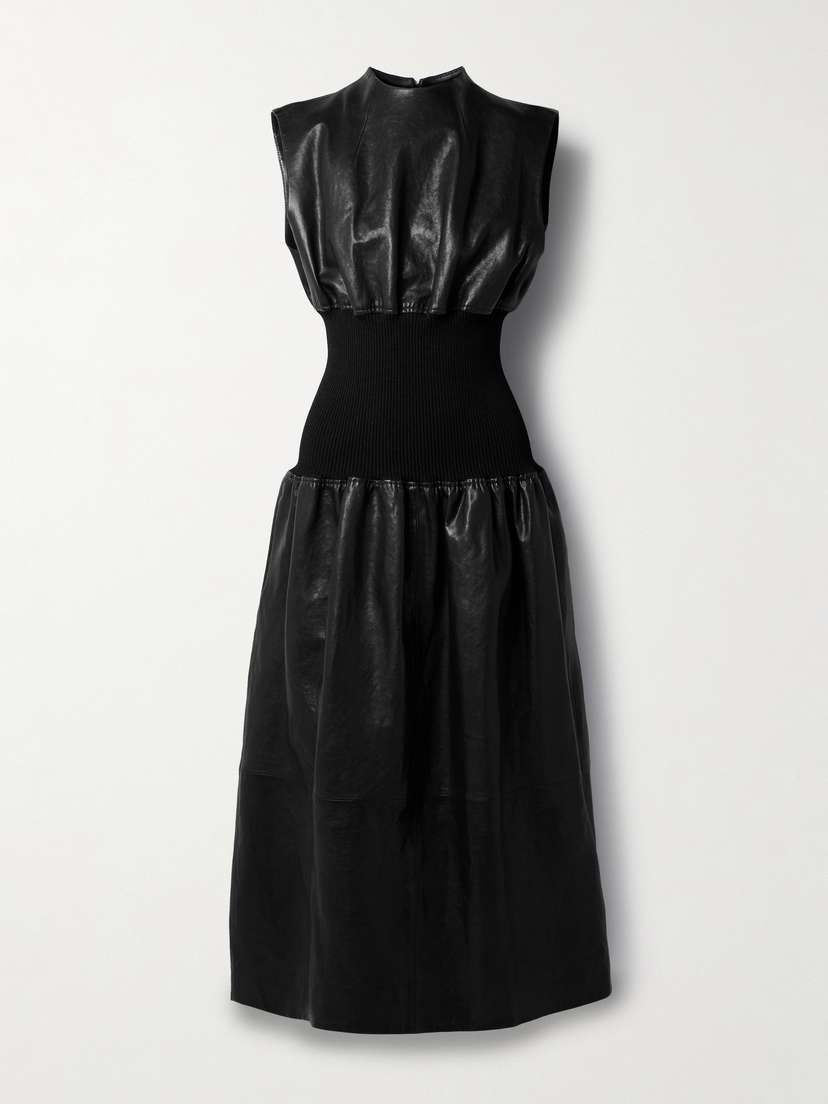 Khaite Uni Paneled Ribbed-knit Wool And Leather Midi Dress