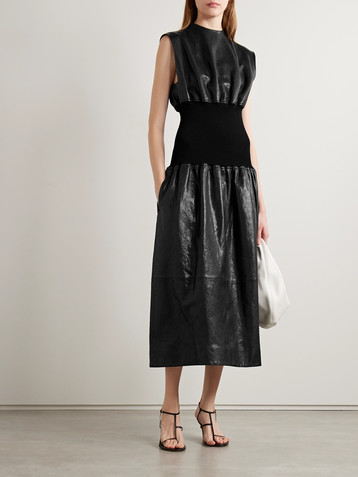 KHAITE Uni paneled ribbed-knit wool and leather midi dress
