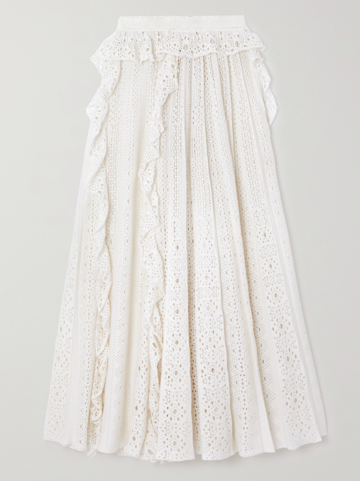 Chloé Ruffled Broderie Anglaise Linen, Cashmere And Silk-blend Maxi Skirt - White