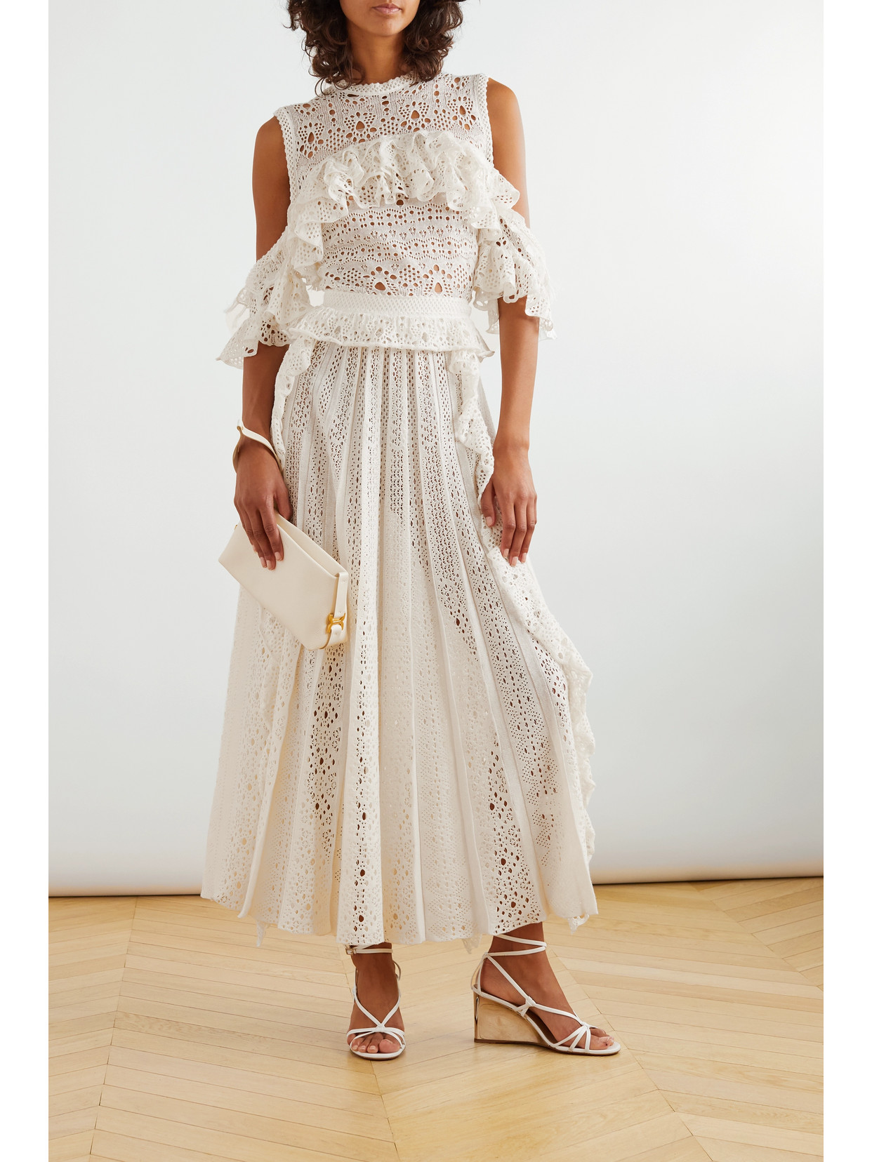 Shop Chloé Cold-shoulder Ruffled Broderie Anglaise Linen, Cashmere And Silk-blend Top In White