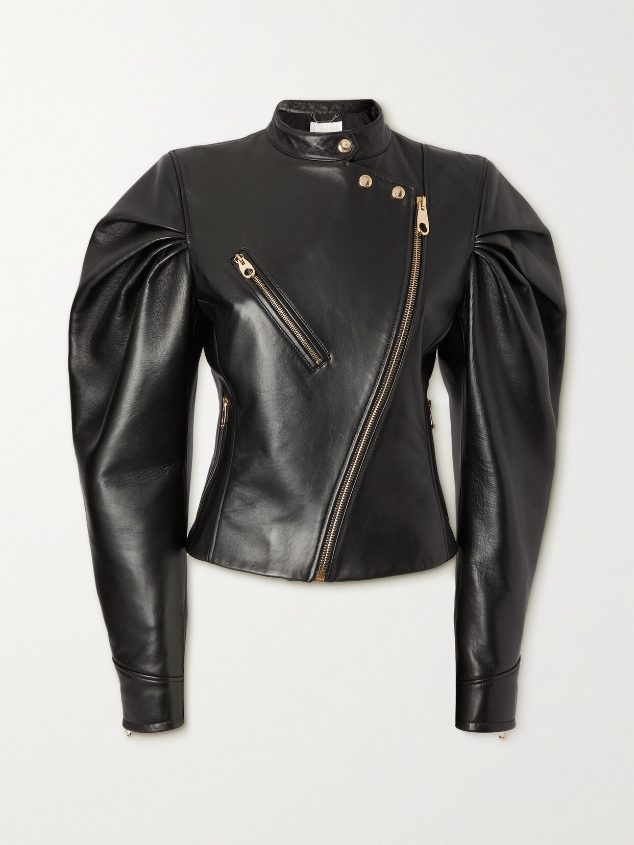 Shop Chloé Asymmetric Gathered Leather Biker Jacket In Black