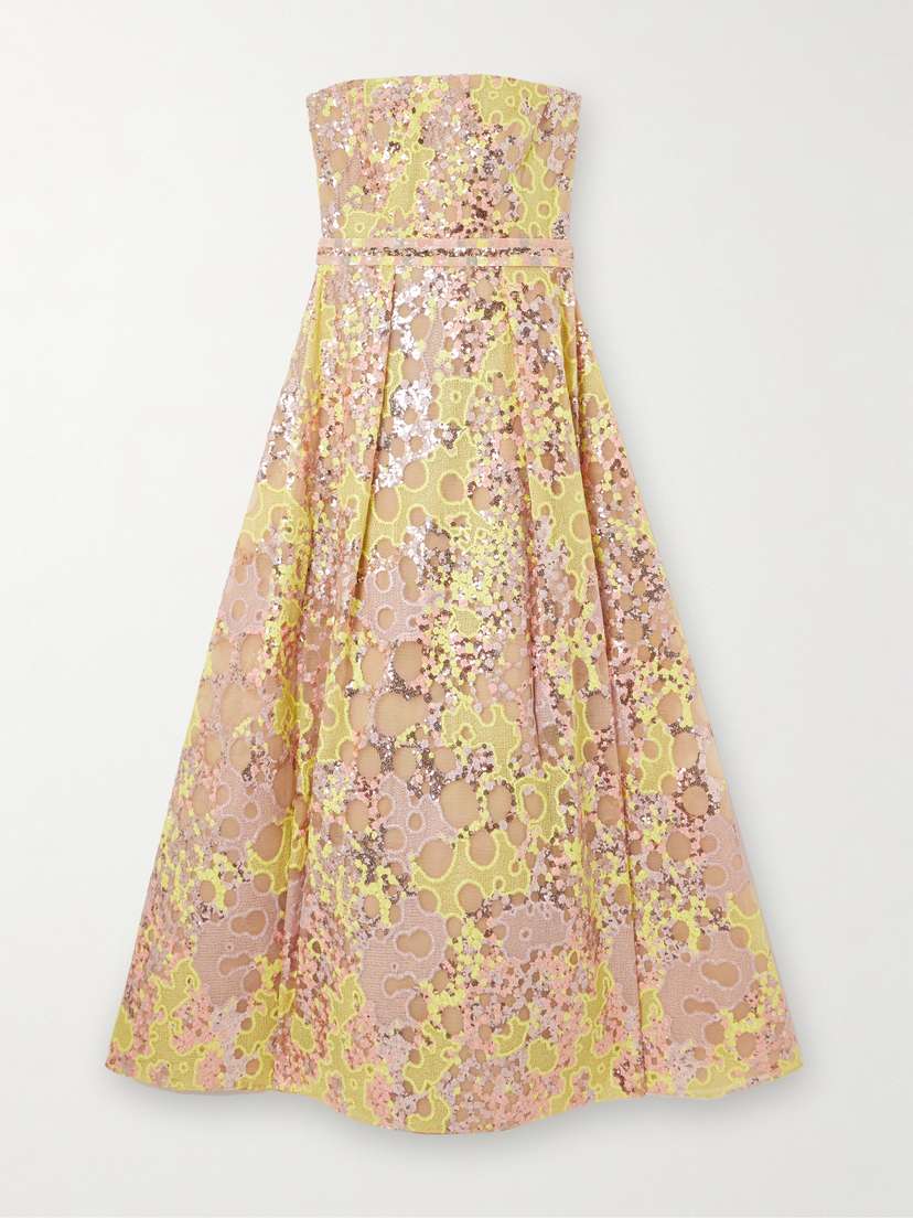 Elie Saab Strapless Belted Pleated Sequin-embellished Embroidered Tulle Gown