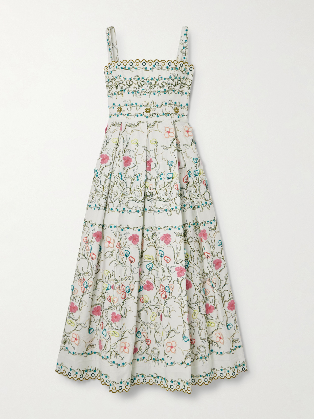 Elie Saab Appliquéd Embroidered Pleated Cotton-blend Twill Midi Dress In Multi