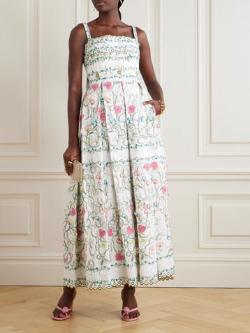 Elie Saab Appliquéd embroidered pleated cotton-blend twill midi dress