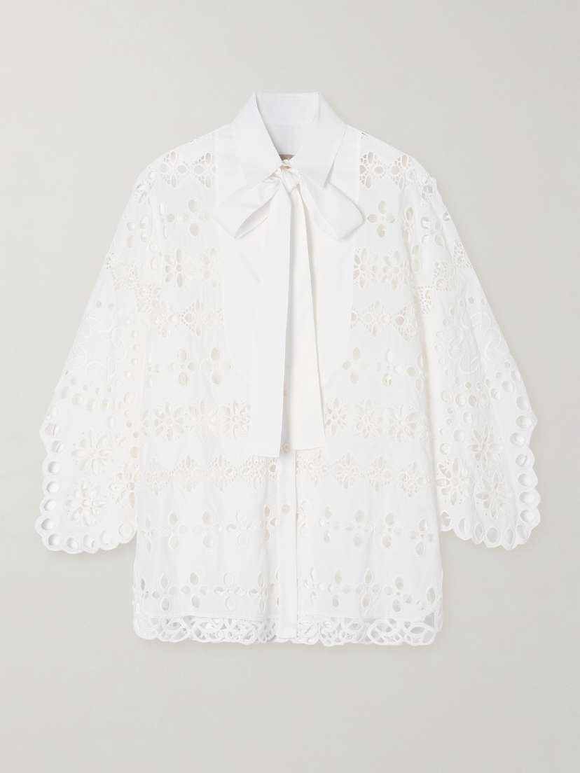 Elie Saab Pussy-bow Broderie Anglaise And Poplin Shirt