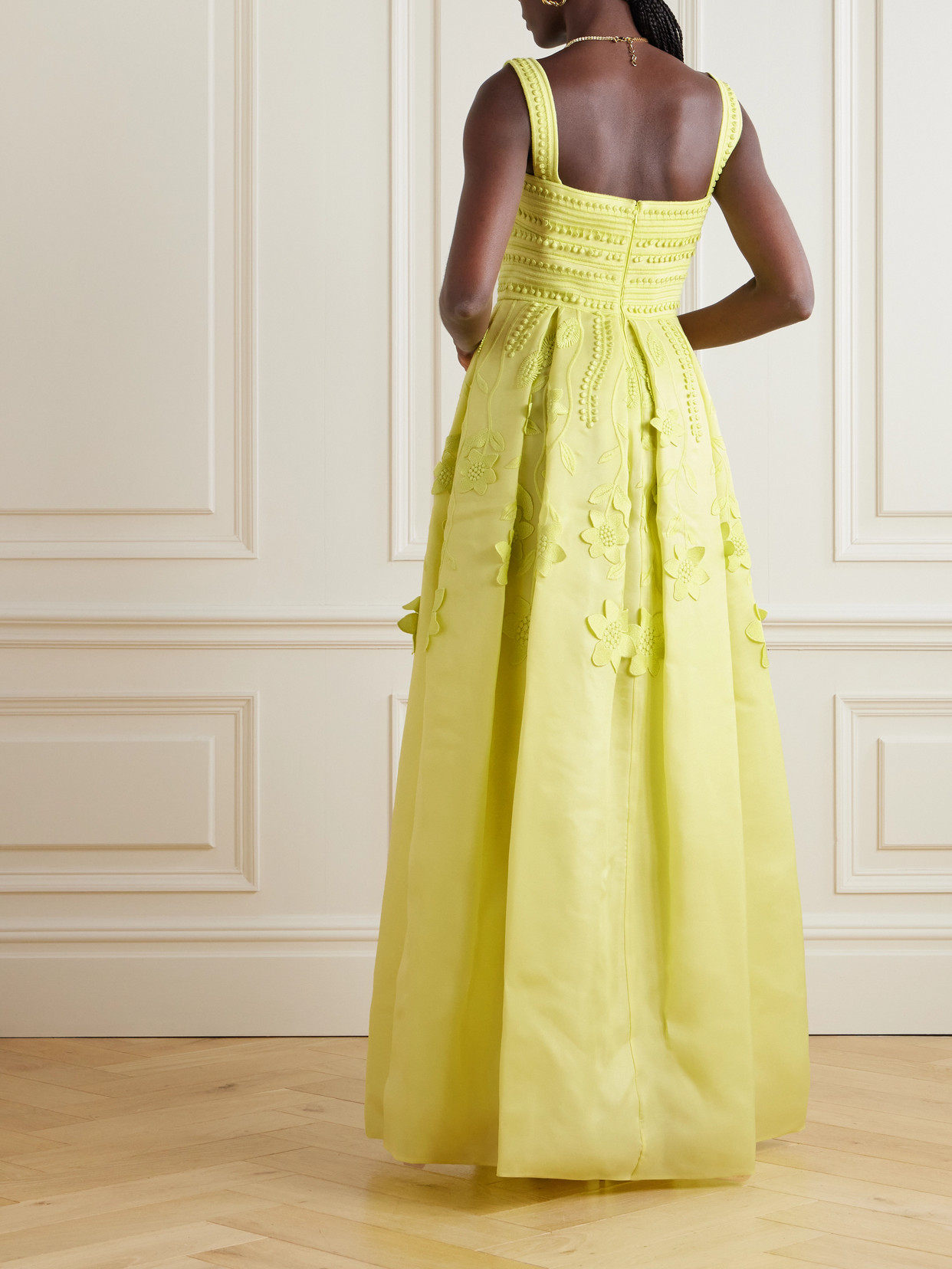 Shop Elie Saab Pleated Embroidered Organza Gown In Yellow