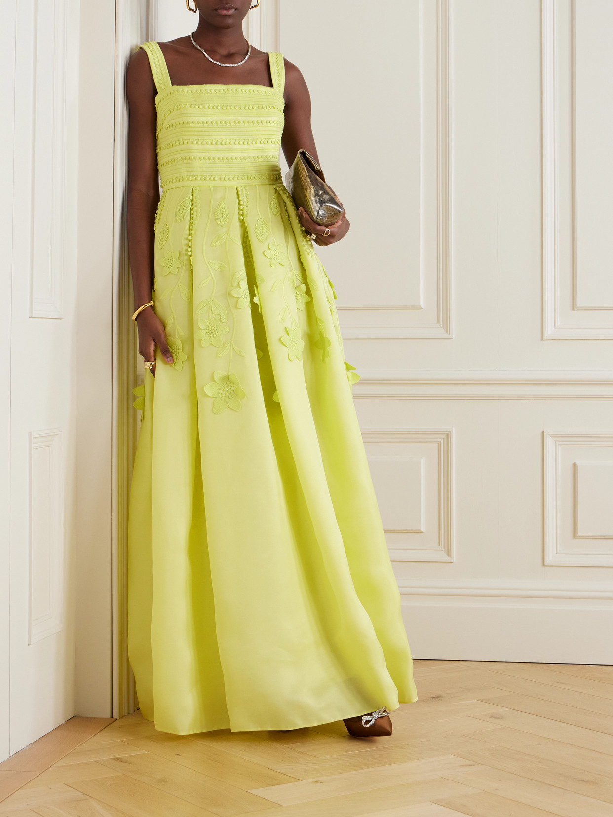 Shop Elie Saab Pleated Embroidered Organza Gown In Yellow