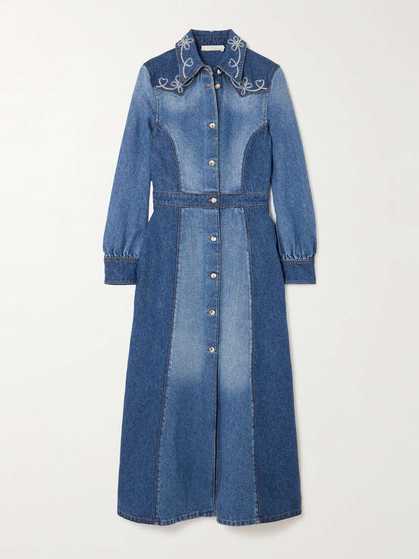 Chloé Embroidered Two-tone Cotton And Hemp-blend Denim Midi Dress