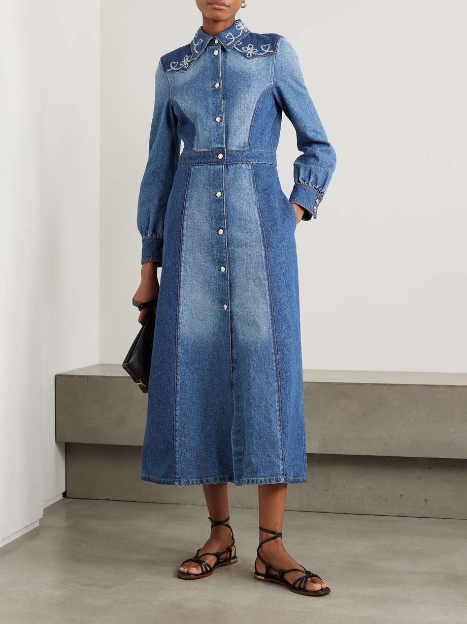 Denim Romance Two Tone Crochet Midi Dress - No Stretch For Flattering Fit At Any Event
