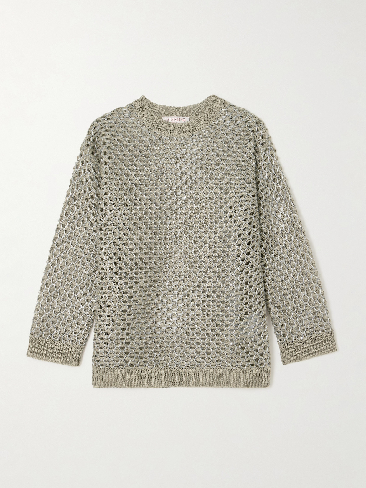 Shop Valentino Sequin-embellished Metallic Open-knit Linen-blend Sweater In Neutrals