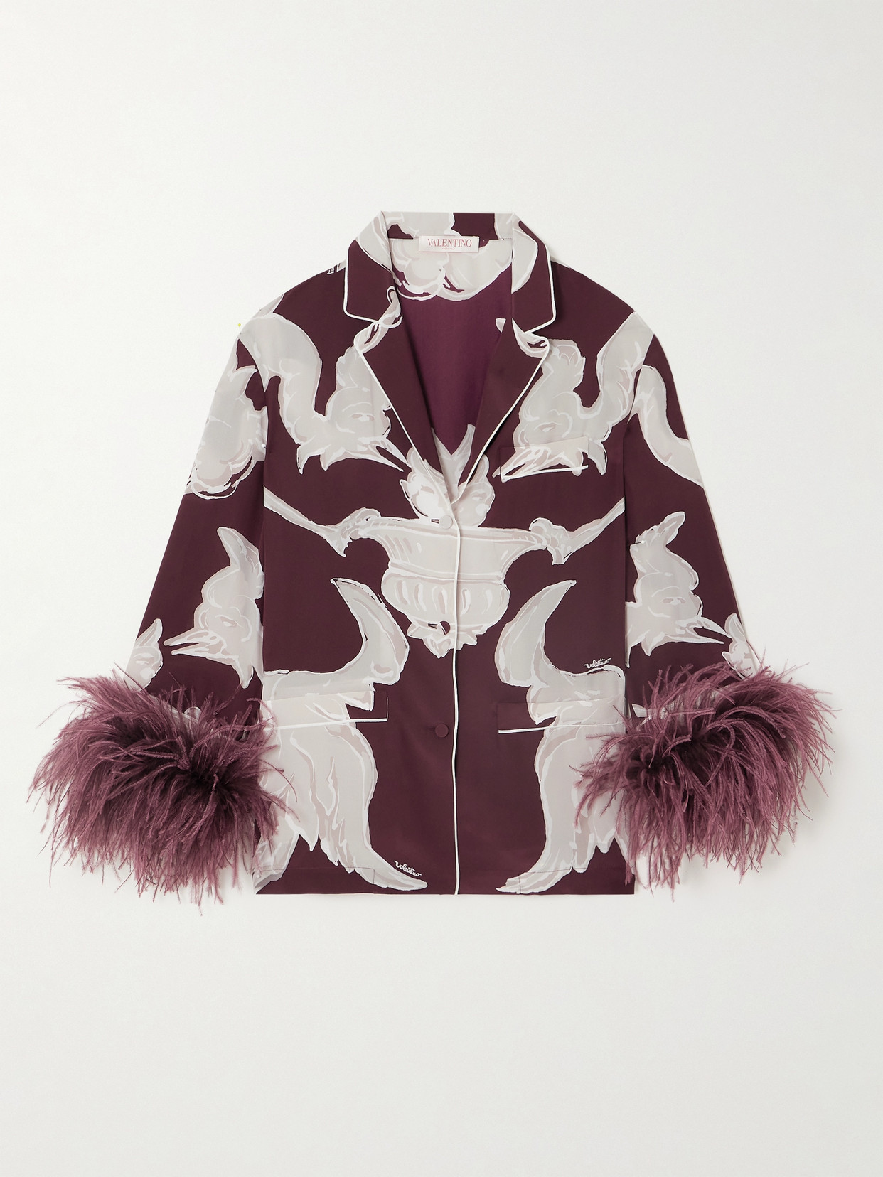 Shop Valentino Feather-trimmed Printed Silk Crepe De Chine Shirt In Burgundy