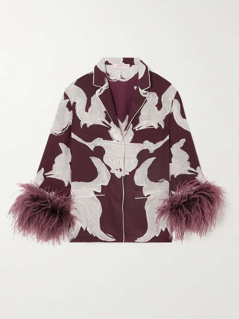 Valentino Garavani Feather-trimmed Printed Silk Crepe De Chine Shirt
