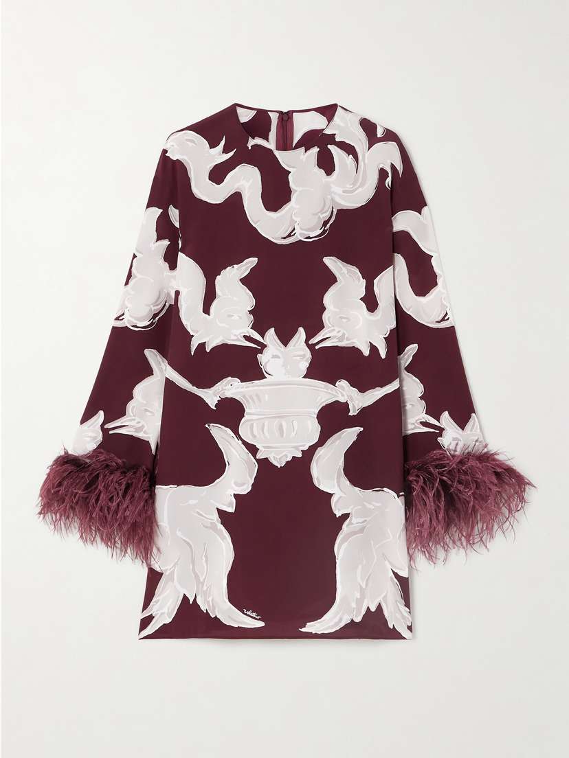 Valentino Garavani Feather-trimmed Printed Silk Crepe De Chine Mini Dress