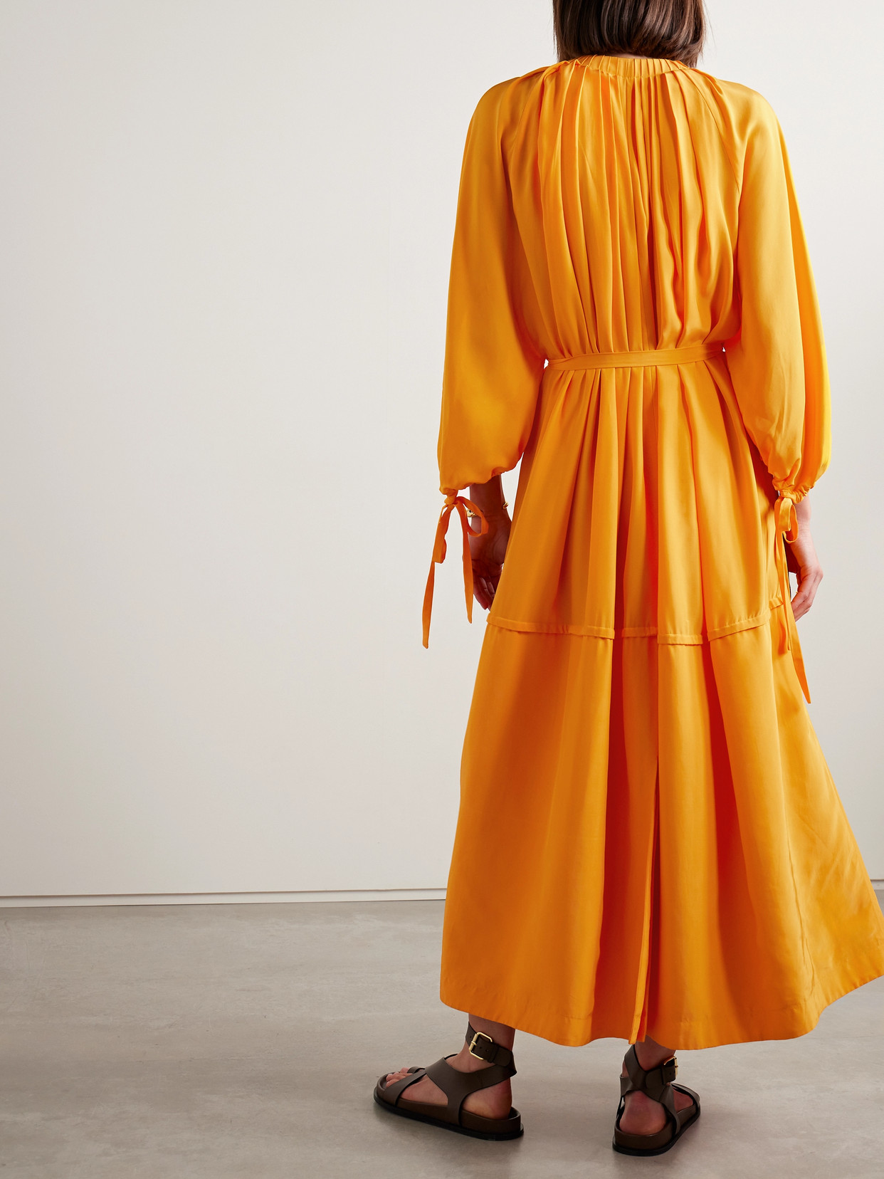 Co Oversized Pleated Habotai Maxi Dress In Orange
