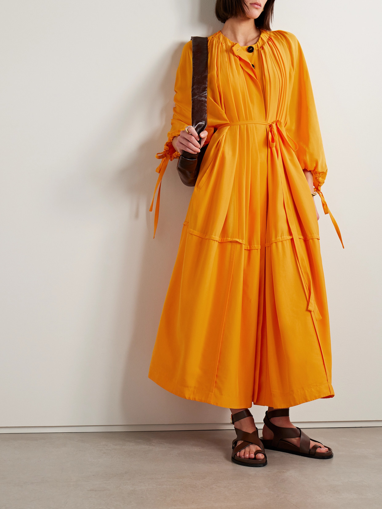 Shop Co Oversized Pleated Habotai Maxi Dress In Orange