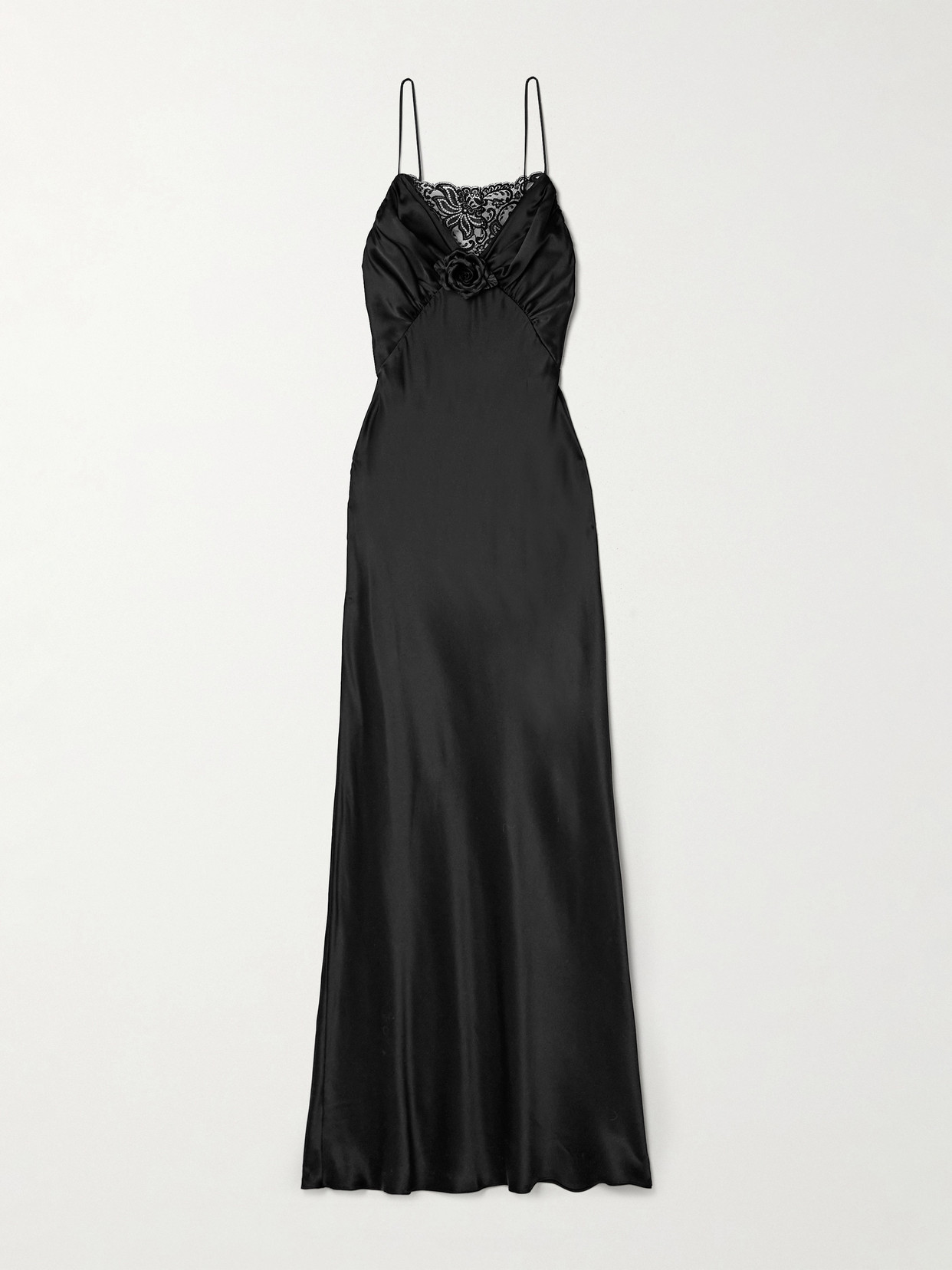 Rodarte Floral-appliquéd Lace-trimmed Silk-satin Gown In Black