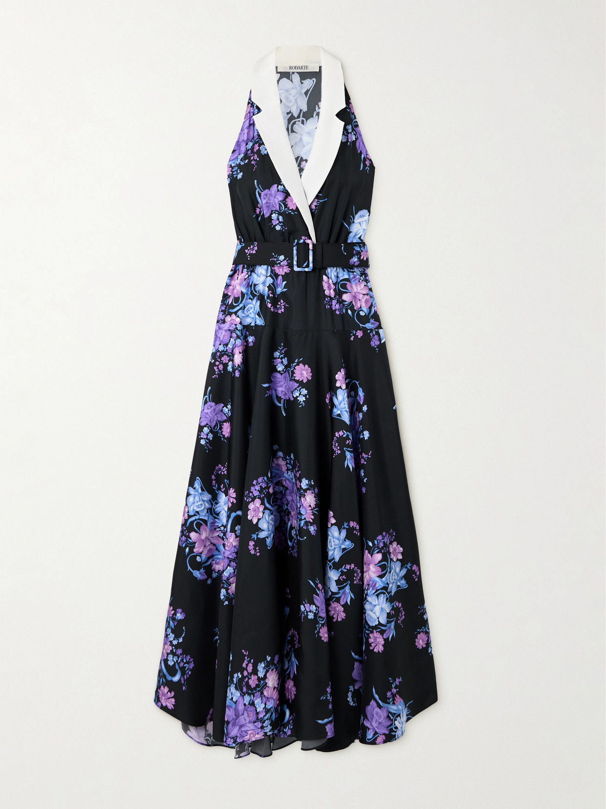 Rodarte Belted Floral-print Silk-twill Midi Dress In Black