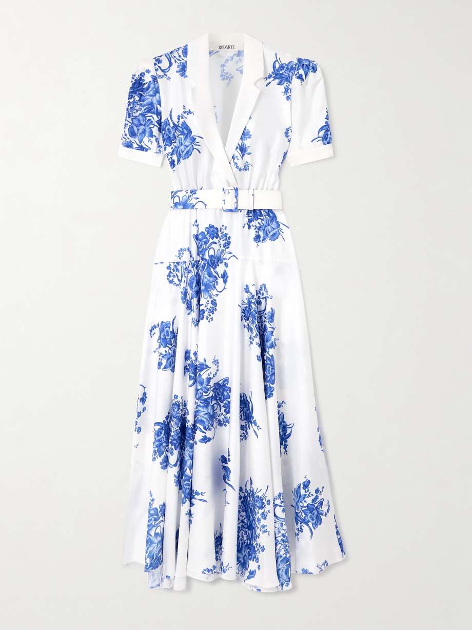 belted floral-print silk-twill midi dress