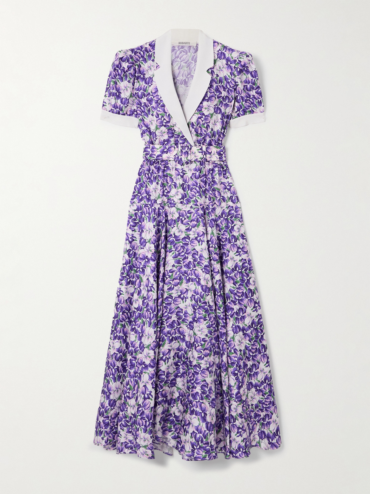 Rodarte Belted Floral-print Silk-twill Midi Dress In Purple