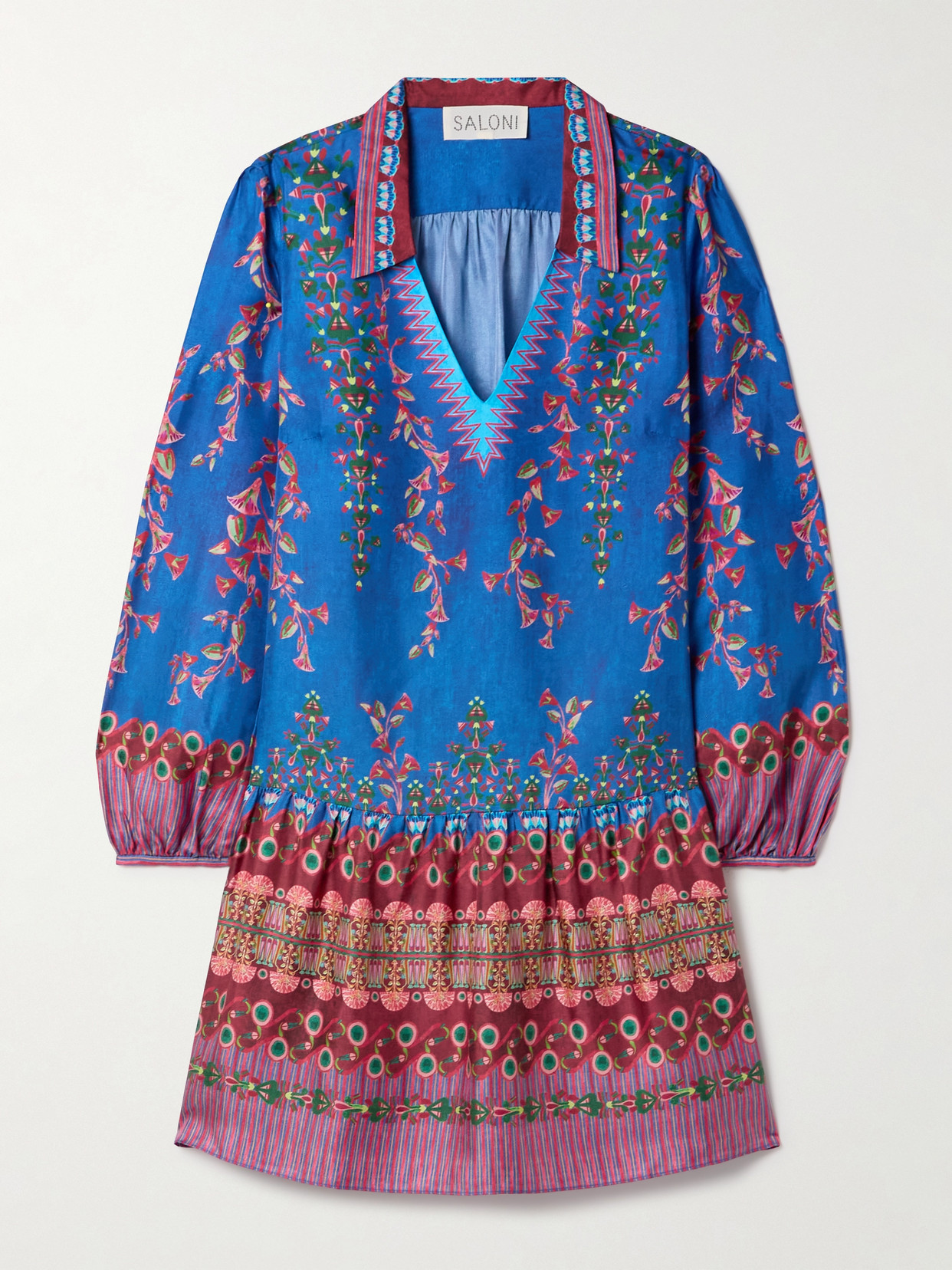 Saloni - Jas Gathered Printed Silk-twill Mini Dress - Blue