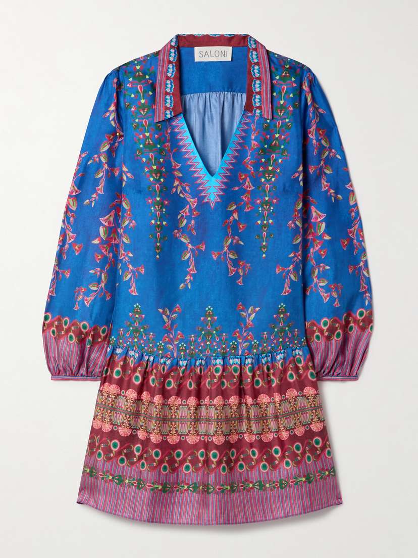 Saloni Jas Gathered Printed Silk-twill Mini Dress - UK 16
