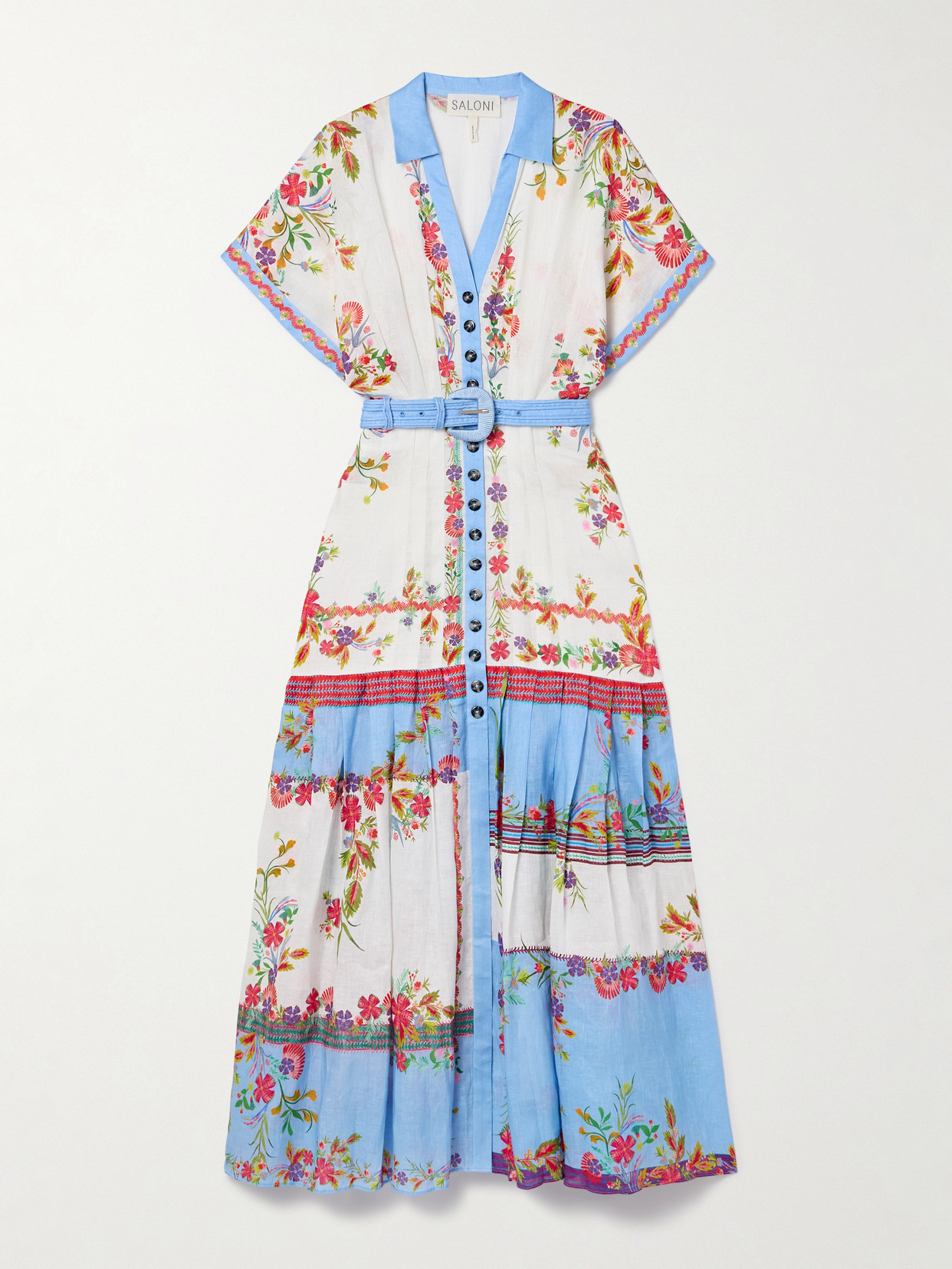 Shop Saloni Riya Belted Pleated Floral-print Linen-voile Dress In Multi