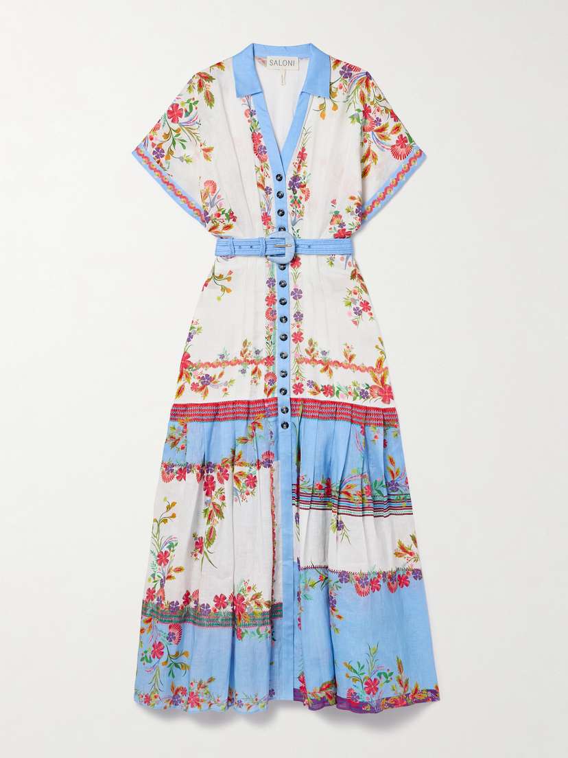 Saloni Riya Belted Pleated Floral-print Linen-voile Dress - UK 16