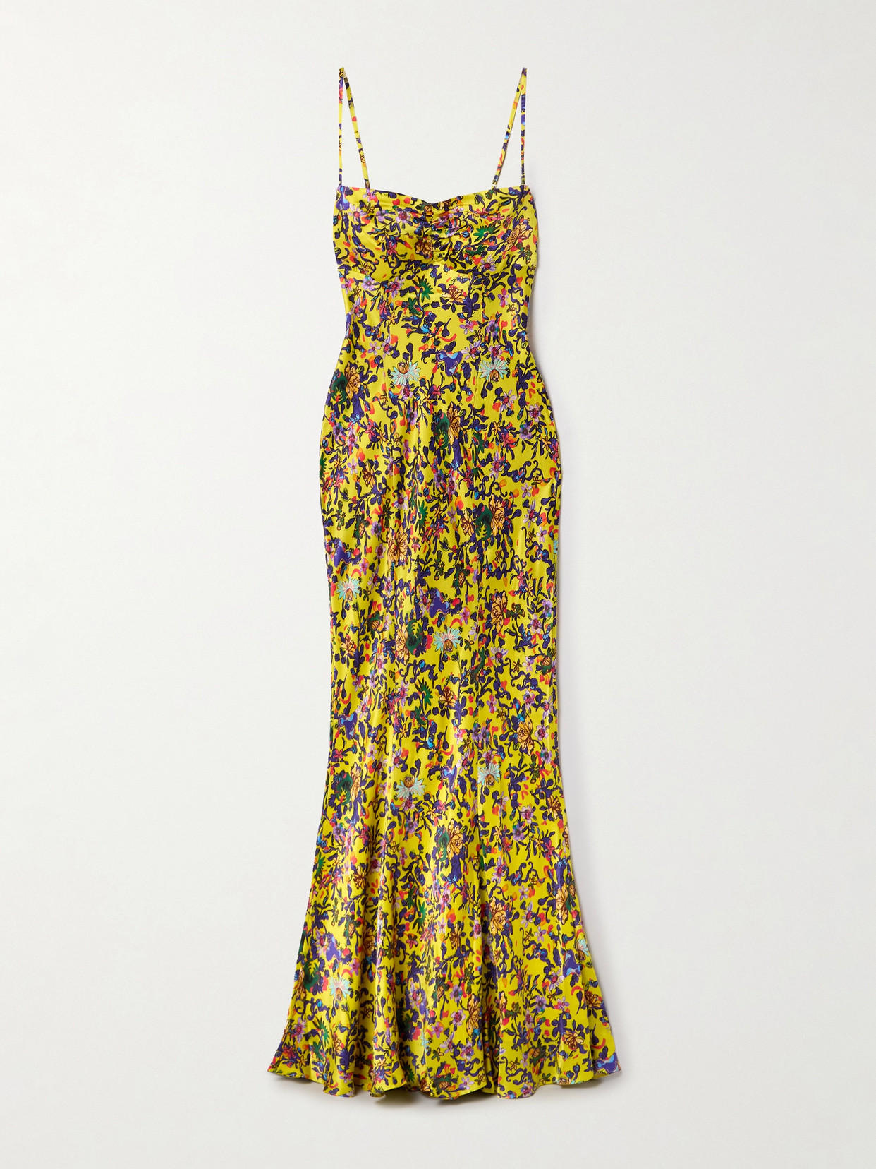 Shop Saloni Renee Ruched Printed Silk-satin Gown In Yellow