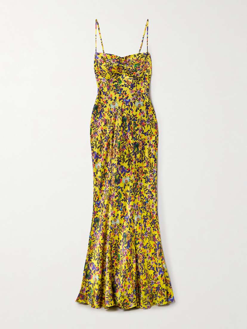 Saloni Renee Ruched Printed Silk-satin Gown