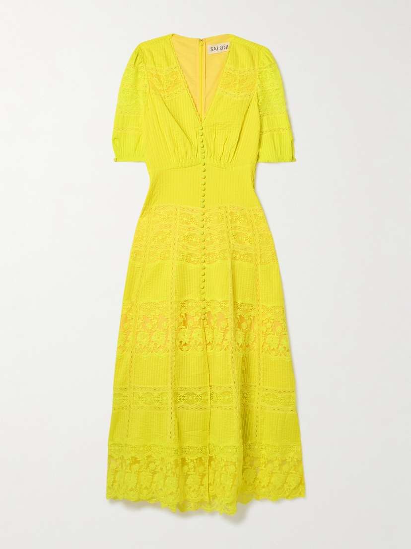Saloni Lea Paneled Pintucked Lace And Cotton-voile Midi Dress