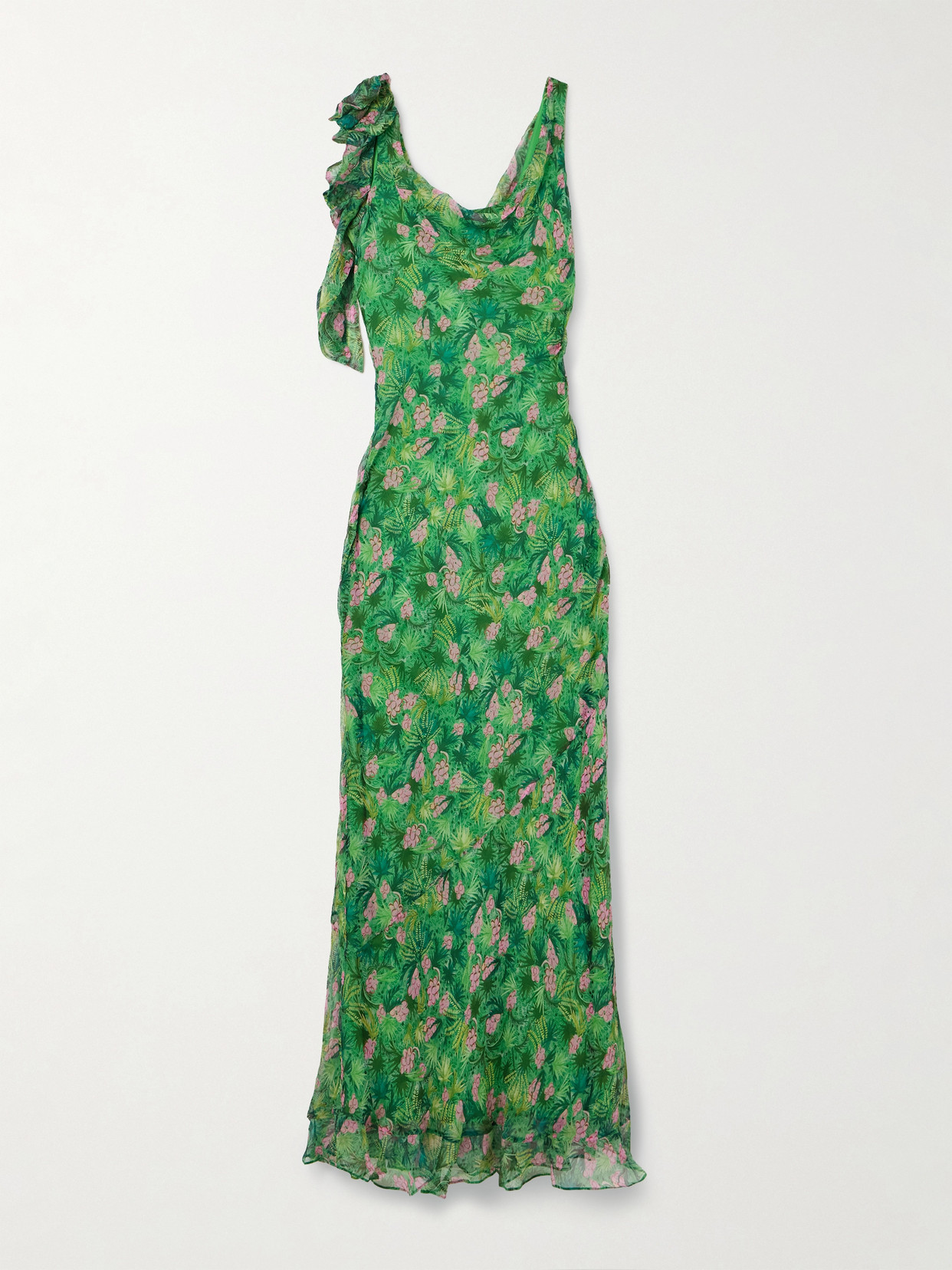 Saloni - Asher B Ruffled Draped Printed Silk-crepon Gown - Green