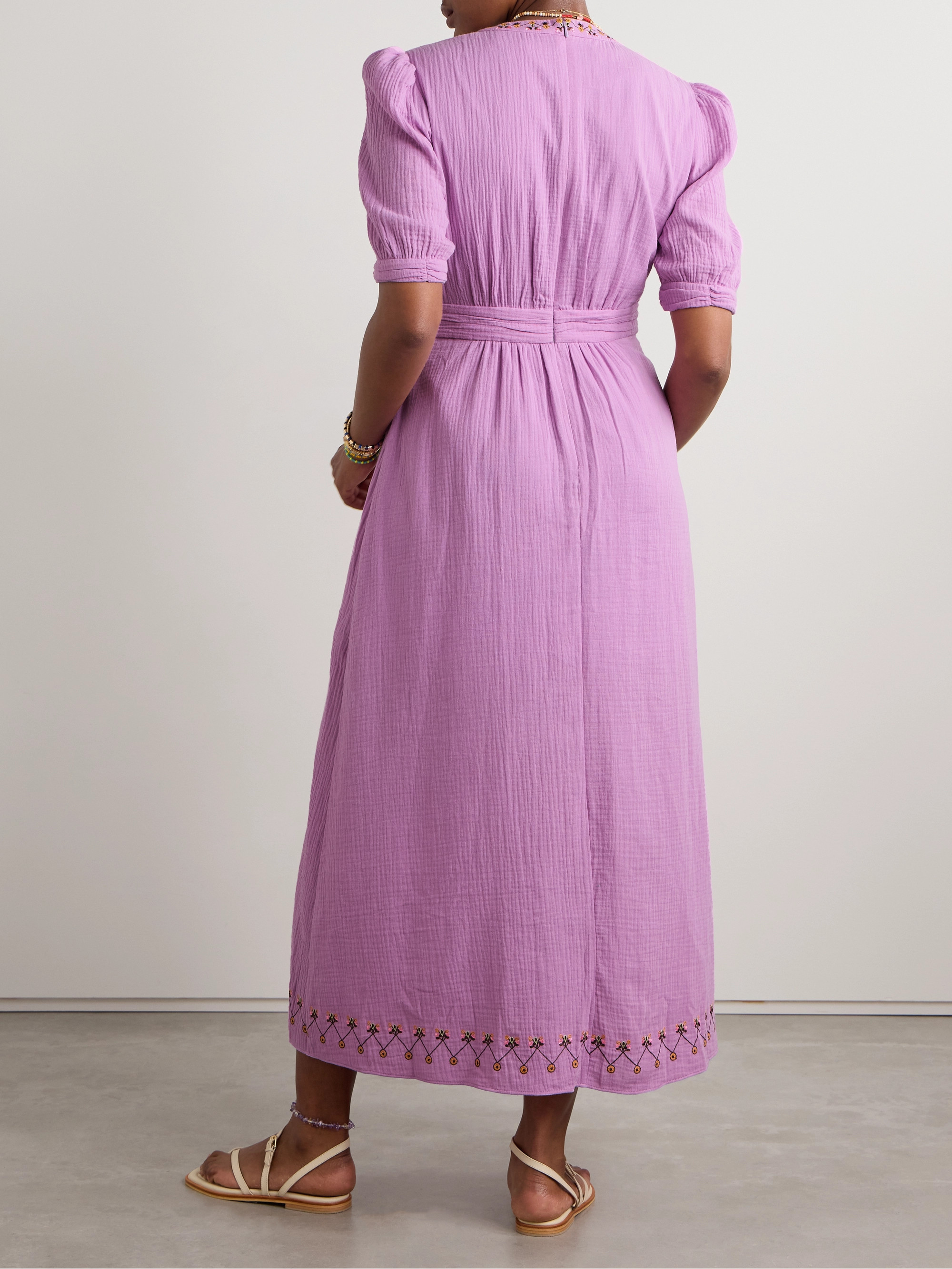 Saloni Jamie tie-detailed embroidered cotton-seersucker midi dress thumbnail